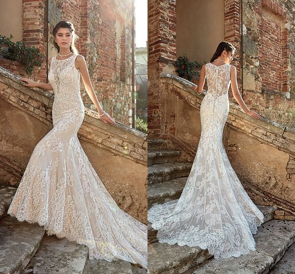 

2019 скромные кружева русалка свадебные платья драгоценности шеи аппликации спинки покрыты кнопка назад свадебное платье свадебные платья ve, White