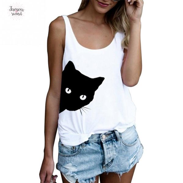 

summer tank for women streetwear print o neck sleeveless tunic t shirt cat polyester clothes women, White