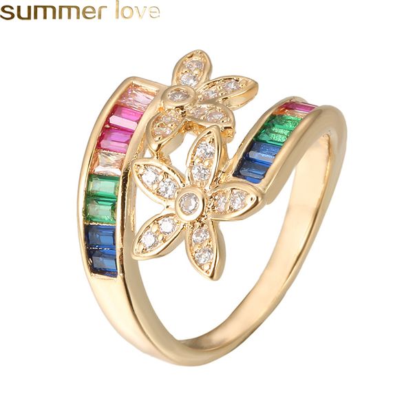 

gold filled rainbow flower engagement ring for women colorful cubic zirconia cz eternity band ring promise rings fashion wedding jewelry, Slivery;golden