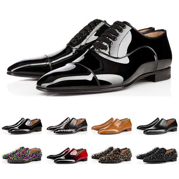 

wholesale fashion designer mens shoes loafers black red spike patent leather slip on dress wedding flats bottoms shoe for business party
