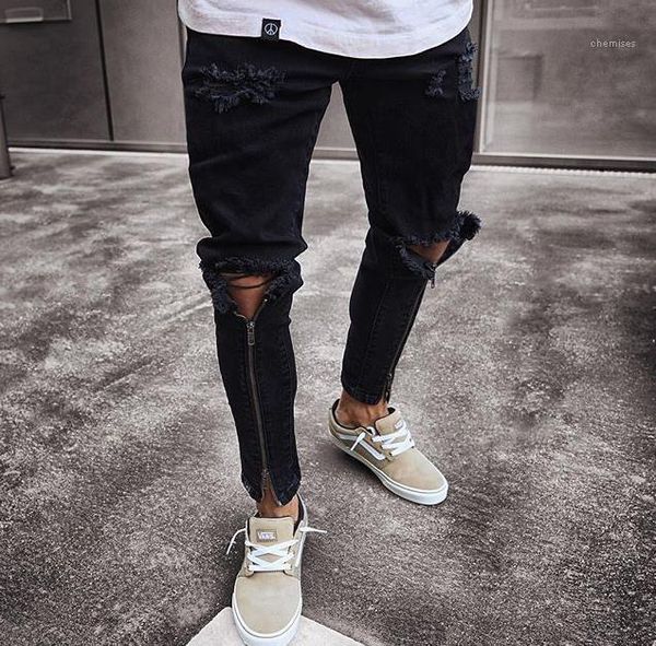 

represen pencil jeans mens zipper holes designer jeans black ripped slim fit, Blue