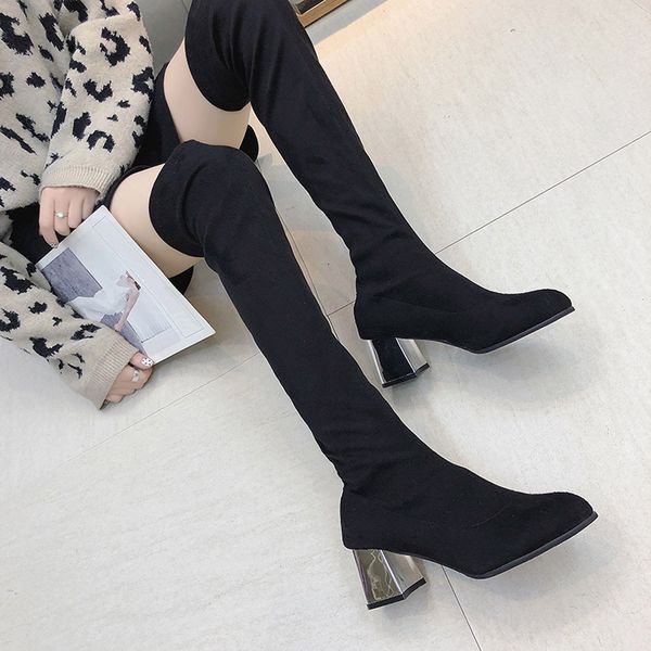 

winter over the knee women boots slip-on round toe high heelshoes pointed toe woman long boots keep warm chaussures femme, Black