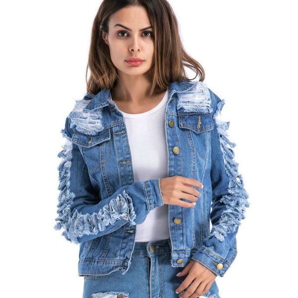 

women's jackets 5xl plus size ripped denim jacket women clothes autumn ladies long sleeve outwear womens asian, Black;brown
