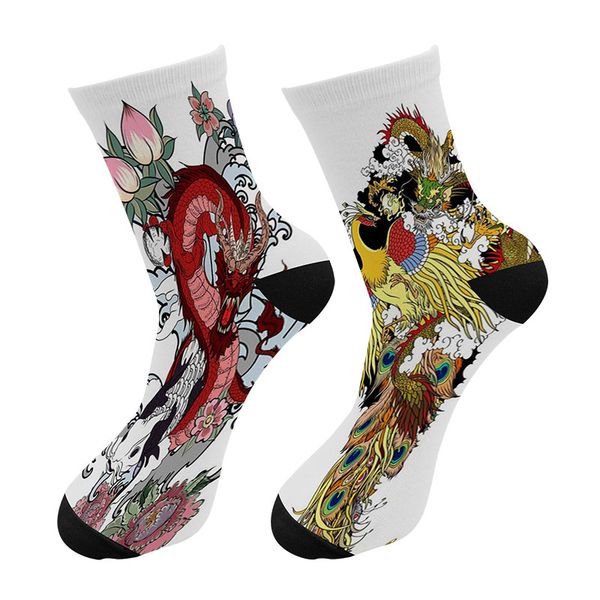 

new 3d printed chinese ukiyo-e dragon graffiti painting crew socks men funny phoenix dragon long socks men's dress tube, Black