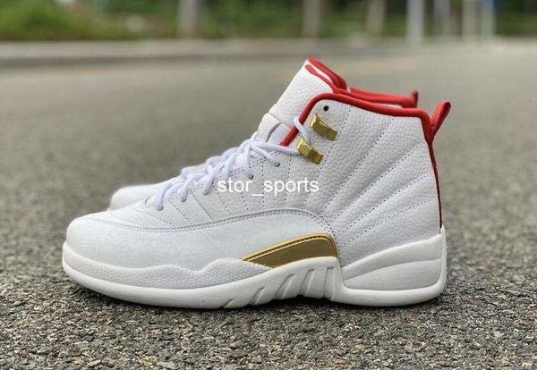 

new 12 xii fiba mens basketball shoes brand designer sneakers white 12s university red-metallic gold 130690-107 us7.5-13