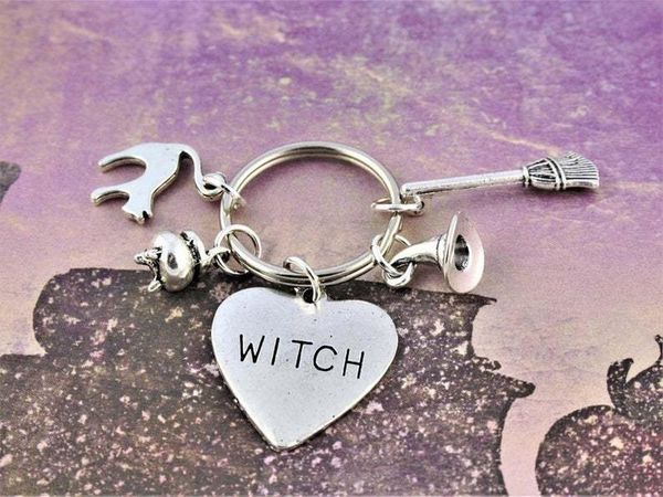 

gothic keychain creative chain for pants womans key chain women broom hat pendant key ring holder metal halloween llaveros, Silver