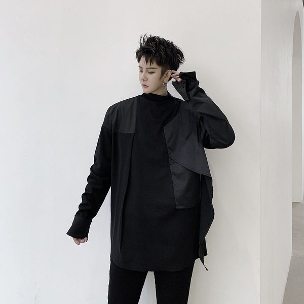 

men splice long sleeve stand collar t-shirt male women dark black hip hop gothic tees shirts couple tshirt, White;black