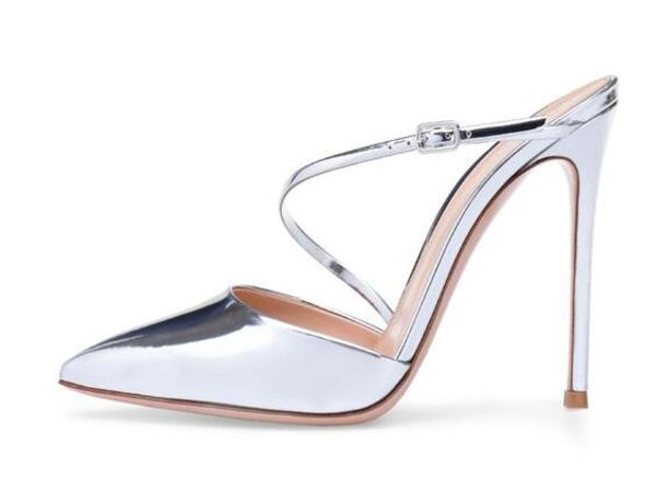 

slingback high heels buckle narrow band pumps women shiny silver gold patent leather dress shoes thin high heels party sandalias mujer, Black