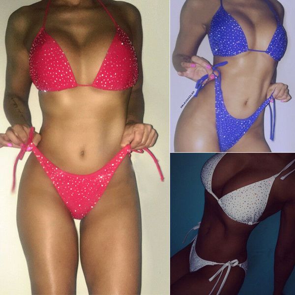 

2019 swimsuit women twp piece suits diamond push-up padded bra bandage bikini set swimsuit triangle swimwear bathing suit, White;black