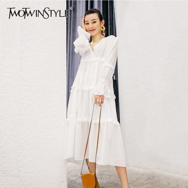 

twotwinstyle 2019 spring dresses women v neck flare long sleeve patchwork ruffle dress female oversized korean fashion new, Black;gray