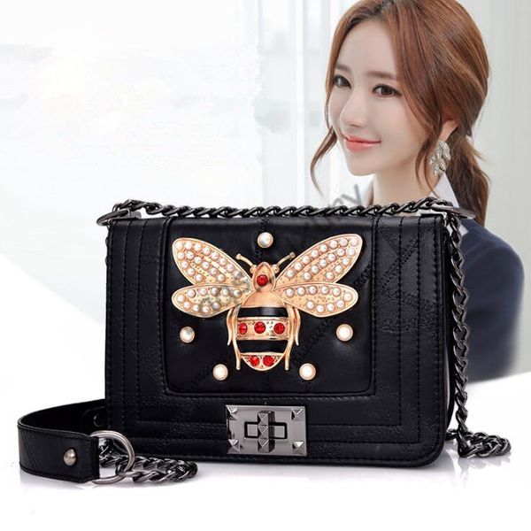 

роскошные сумки женщин высокого качества pu кожаный малый квадрат мешок девушки моды класса люкс металлические цепи пчелиный сумки на ремне