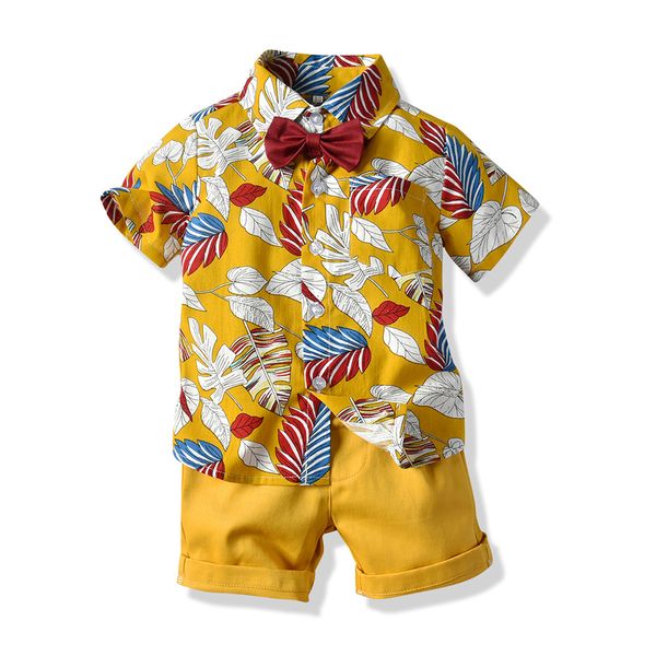 

2020 new summer boy bow tie floral short-sleeved shirt shorts suit fashion seaside holiday style cardigan t-shirt children clothes 2 sets, White