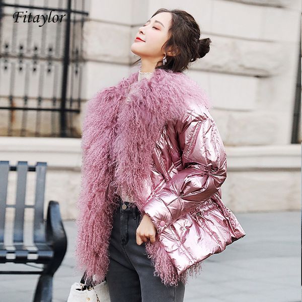 

women's down & parkas fitaylor winter silver white duck jacket glossy 2021 big real fur collar pink blue warm female short coats, Black