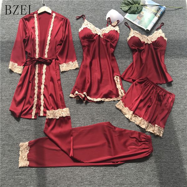 

bzel new 5 pcs women pajamas sets with pants pyjama satin silk nightwear lace sleepwear pyjama pijama femme underwear -xl, Blue;gray
