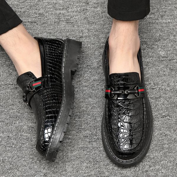 

men wetlook pu loafers male thick sole fashion pea shoes 50% summer punk footwear slip-on winklepickers low cut faux leather casual shoes, Black