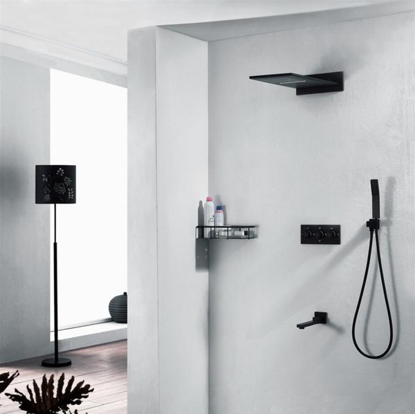 

wholesale luxury 4 function shower panel with waterfall showerhead bathroom accessories 304ss rain shower faucet set black shower