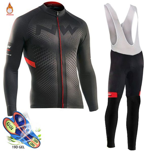 

2019 pro team winter thermal fleece cycling clothes men long sleeve jersey suit outdoor riding bike mtb clothing bib pants set, Black;red