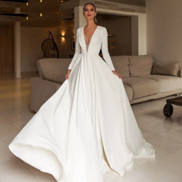 2019 Abiti da sposa a maniche lunghe di nuovo stile Sexy scollo a V profondo Una linea Abiti da ricevimento di nozze per la sposa in raso avorio con perline lucide