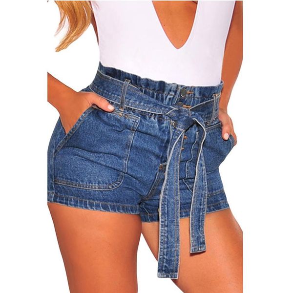 

blue paper bag waist buttoned denim shorts, White;black