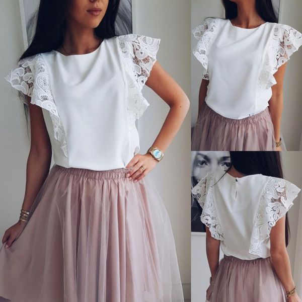 

new summer women beauty chiffon lace casual shirt ladies sleeveless o-neck loose blouse white