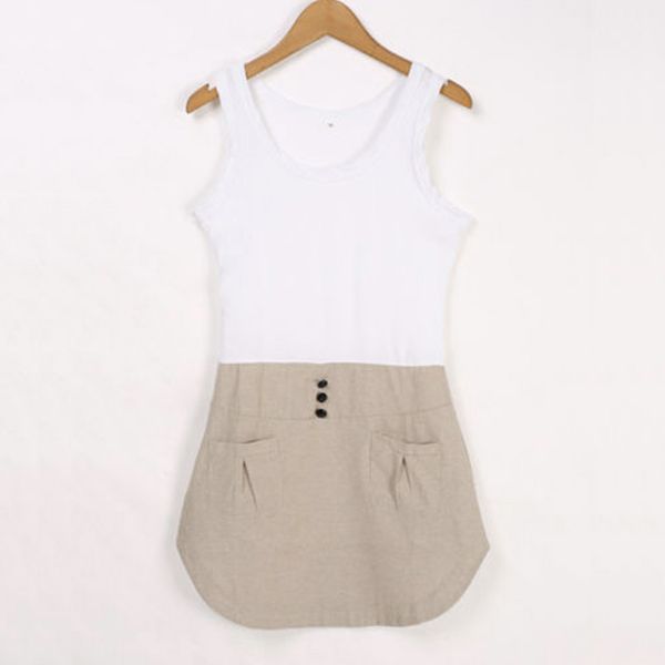 

women sleeveless hip cover mini dress fashion girls u-neck irregular pocket stitching slim dress #5, Black;gray