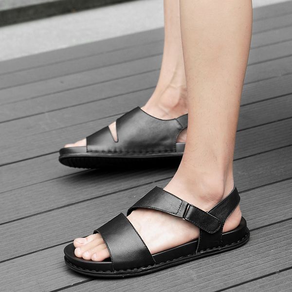 

high men casual shoes classic genuine leather sandals summer flats soft sandals british style breathable men shoes, Black