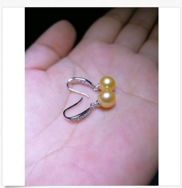 

8-9mm perfect round golden australia south sea pearl dangle earring, Silver