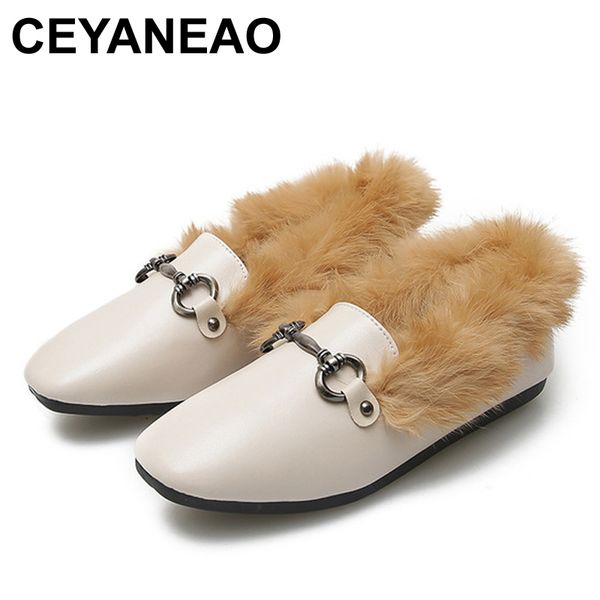 

ceyaneaorabbit fur flat shoes for women, metal decoration square toe shoes, crystal slippers, warm winter shoes large size woman, Black