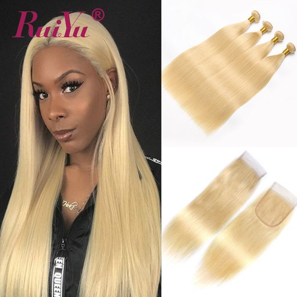 

ruiyu 613 blonde связки с закрытием прямого человеческих волос weave 3 связки с закрытием перуанского волос remy утки с closure, Black;brown