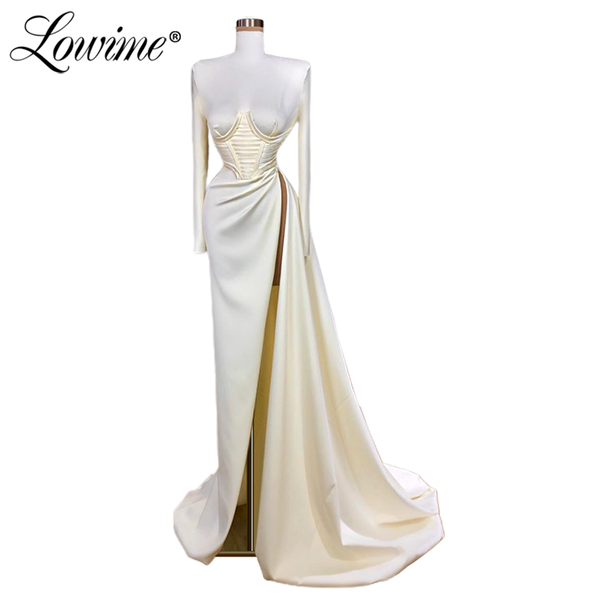 

party dresses simple ivory formal high neck evening 2021 satin celebrity pageant dress long sleeves vestido de festa gowns, White;black