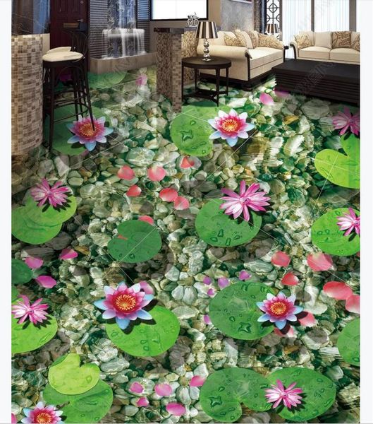 

3d customized pvc self-adhesive mural wallpaper floor painting falling water flowing stone lotus leaf petal 3d waterproof floor painting