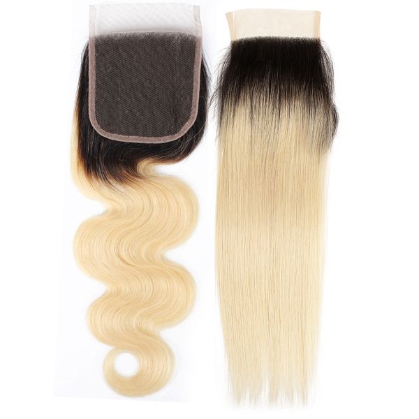 

4x4 lace closure прямо объемная волна ombre цвет 1b 613 blonde extensions бразильских человеческих волос свободной части средней часть закры, Black