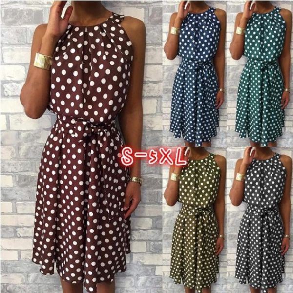 

women halter dress summer fashion polka dot knee-length dress sleeveless dresses off shoulder casual loose dress 2019, Black;gray