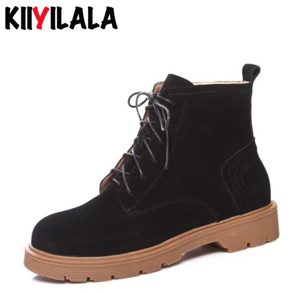 

kiiyilala genuine leather boots women shoes lace-up round toe booties sewing autumn flat-soled woman ankle boots ladies shoes, Black