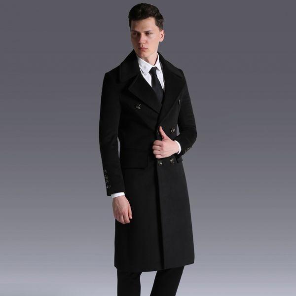

fashion cashmere coat over-the-knee men's new style large lapel business large size woolen jacket mens coats and jackets, Black