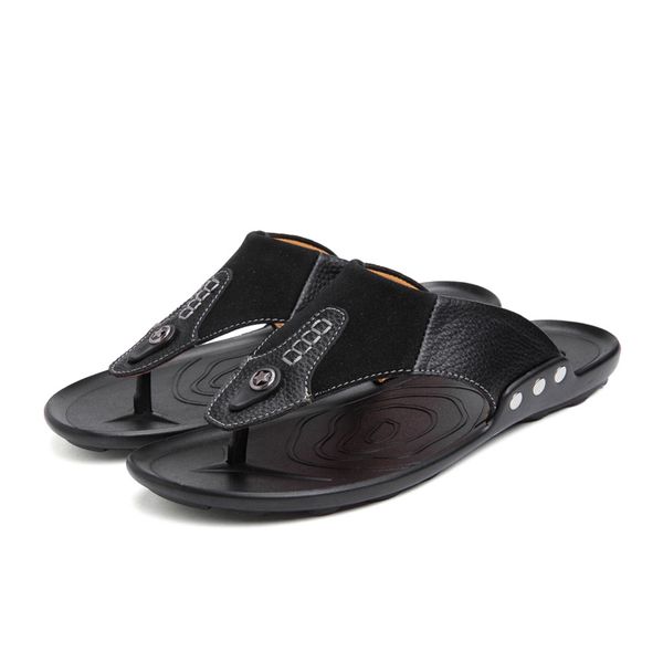 

mens flip flops leather summer shoes beach sandals men slippers male flip flop 2019 genuine leather slipper chanclas black