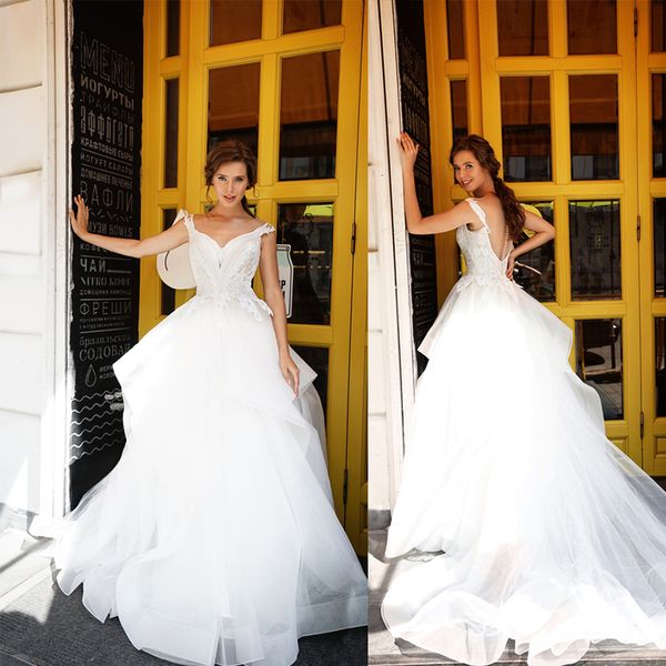 

a line tanya grig bohemian dresses v neck sleeveless tulle lace appilque button wedding gowns sweep train robe de mariÃ©e, White