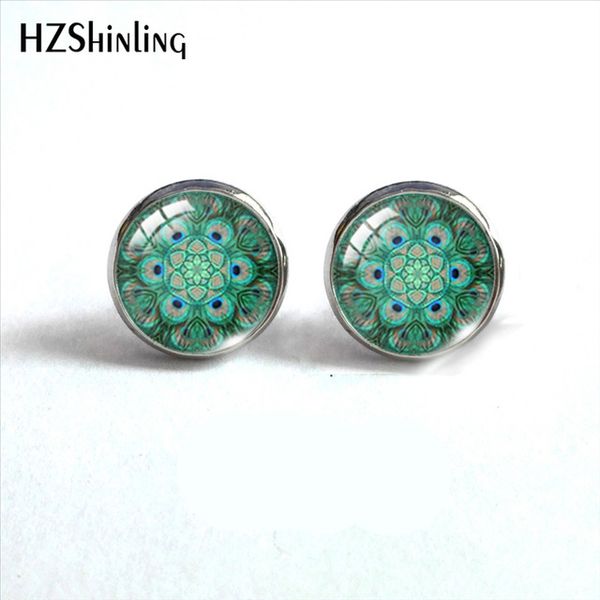 

fashion yoga round stud earrings jewelry om symbol zen buddhism mandala glass dome flower earring handmade earrings gifts, Golden;silver