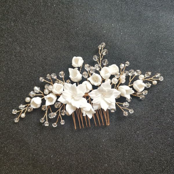 

slbridal handmade crystal rhinestone simulated pearls ceramic flower bridal wedding hair comb hair pins stickers women jewelry, Golden;white
