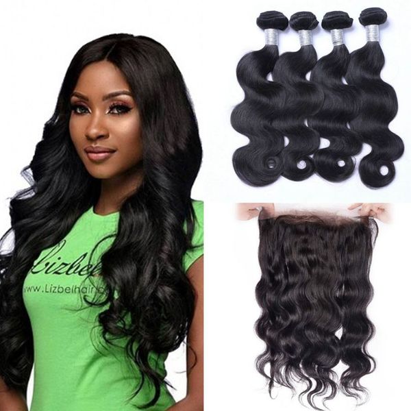 

brazilian hair wefts with frontal human hair pre plucked 360 lace frontal with 4 bundles body wave hair, Black;brown