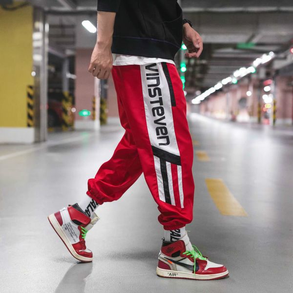 

zk color block patchwork harem pants men hip hop casual joggers trousers male fashion windbreaker streetwear sweatpants red, Black