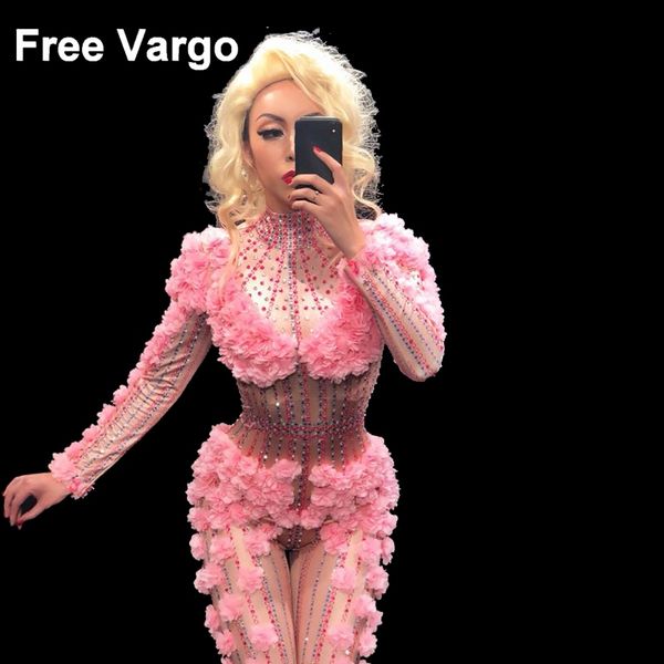 

pink flower rhinestone bodysuit jumpsuit drag queen costumes singer stage wear one-piece costume stretch outfits, Black;red