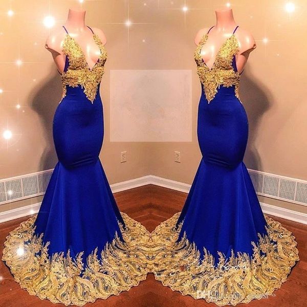 

2019 Spaghetti Straps Gold Mermaid Long Prom Dresses Royal Blue Evening Dress Lace Applique Backless Sweep Train Formal Party Gowns