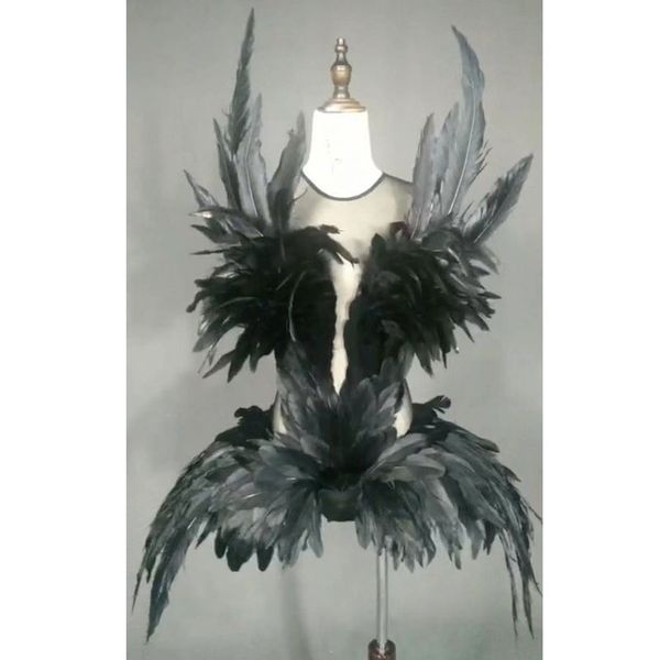 

stage costume for singers female singer dj ds bar nightclub party black full feather performances costume dance outfit, Black;red
