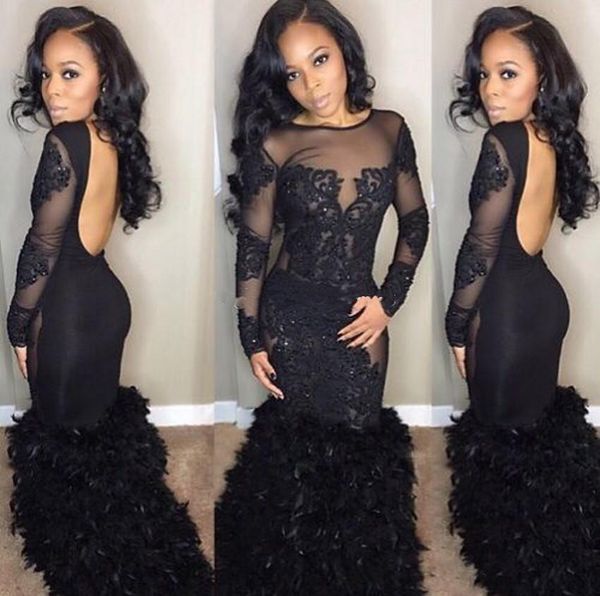 

Sexy Black 2019 Mermaid Prom Drsses Sheer Neck Long Sleeves Appliques Beaded Formal Dress Tulle Backless African Girls Evening Party Gown