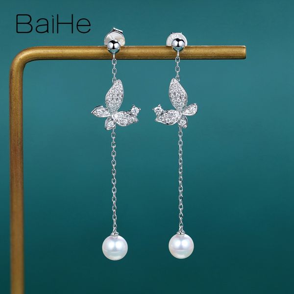 

baihe твердое белое золото 18k 5-5.5mm пресноводные жемчуг 0.22ct круглые бриллианты ювелирные изделия способа бабочки уха линии подарка сер, Golden;silver