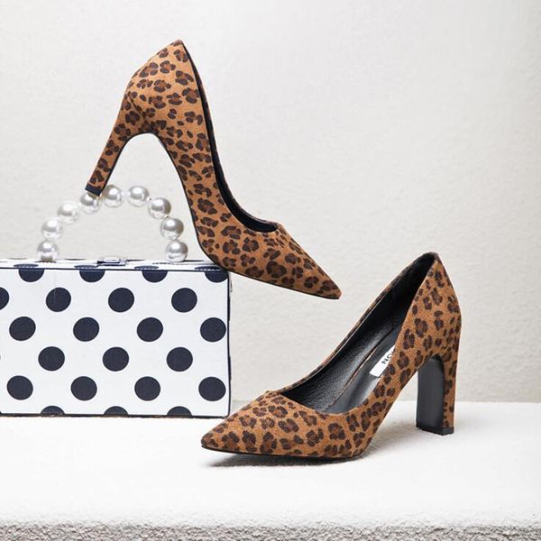 

2019 most popular ladies leopard high heels european and american pointed shallow women shoes large size thick with suede high heel shoes, Black