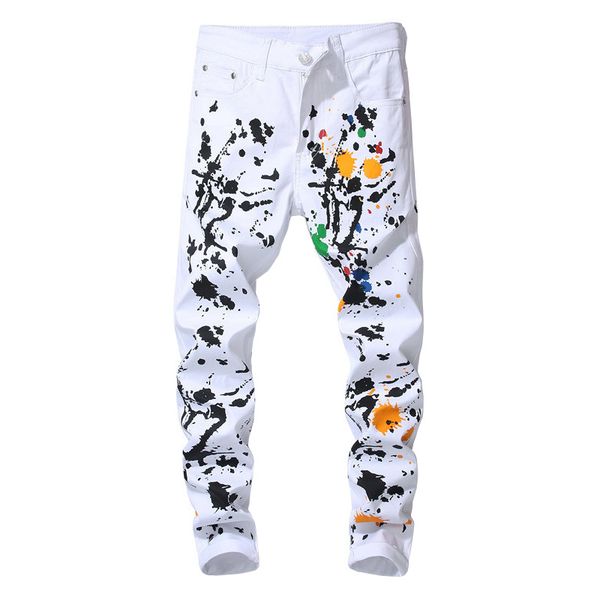 

men's jeans mens colored ink painted printed white slim fit stretch pencil pants hip hop male streetwear, Blue