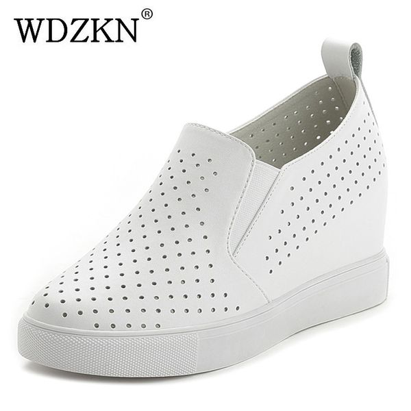 

wdzkn spring summer breathable genuine leather women shoes slip on high heels round toe height increasing women casual shoes, Black
