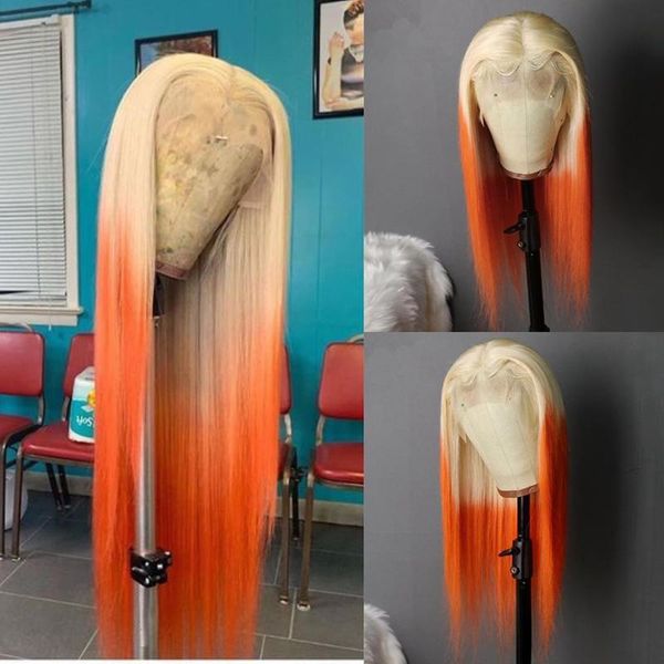 

silk straight ombre white/orange 13x6 lace front human hair wigs with baby hair brazilian for black women natural hairline, Black;brown